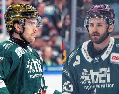 Sie stürmen auch nächste Saison für die Starbulls: Scott Feser (links) und Jordan Taupert.Fotos Christian Mühlhofer