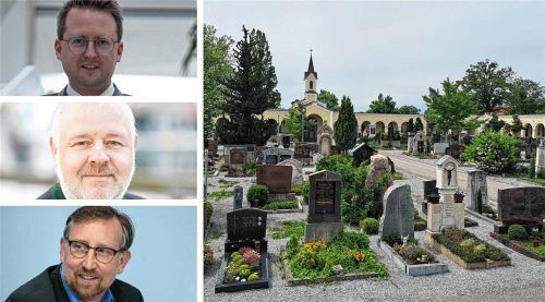 Über die Anpassung der Bestattungsgebühren im städtischen Friedhof in Bad Aibling diskutieren unter anderem (von oben) Bürgermeister Stephan Schlier (CSU), Stadtrat Florian Weber (Bayernpartei) und Stadtrat Andreas Winhart (AfD). Fotos RE, dpa, Hadersbeck