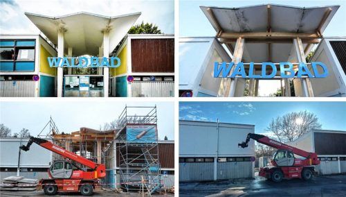 Über Jahrzehnte hat das markante Dach den Eingangsbereich des Waldbads geprägt, jetzt ist es weg. Die Standsicherheit war nicht mehr gegeben. Fotos Stadtwerke/Eschenfelder/Lohmann
