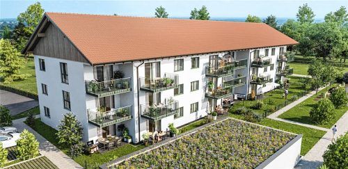 Visualisierung des neuen Wohnquartiers am Wintererhof in Altmühldorf: Moderne Architektur trifft auf dörflichen Charakter.