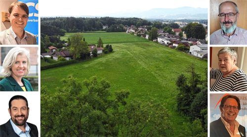 Wie geht es mit den Planungen für eine neue Siedlung auf diesem Areal im Nordosten Kolbermoors weiter? Dazu haben jetzt unter anderem (rechts, von oben) Bürgermeister Peter Kloo (SPD), Dagmar Levin-Feltz (SPD) und Dieter Kannengießer (Parteifreie) sowie (links von oben) Leonhard Sedlbauer (CSU), Andrea Rosner (Grüne) und Christian Demmel (AfD) Stellung genommen. Foto Hadersbeck,Weinzierl,Gerlach, re