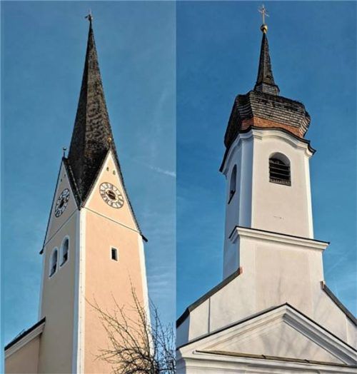 Beide frisch renovierten Türme (links) der Pfarrkirche St. Martin in Au bei Bad Aibling und (rechts) des Kirchleins Mariä Heimsuchung (Taxakapelle) am Aubach. Fotos Baumann
