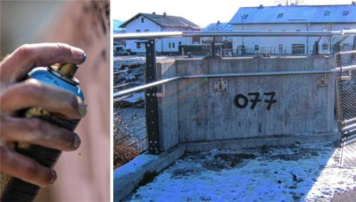 Bislang unbekannte Täter haben in Kolbermoor mehrere Objekte – hier beispielsweise die Brücke in der Nähe des Freibads – mit der Ziffernfolge „077“ besprüht. Fotos Riediger (3), IMAGO/photothek