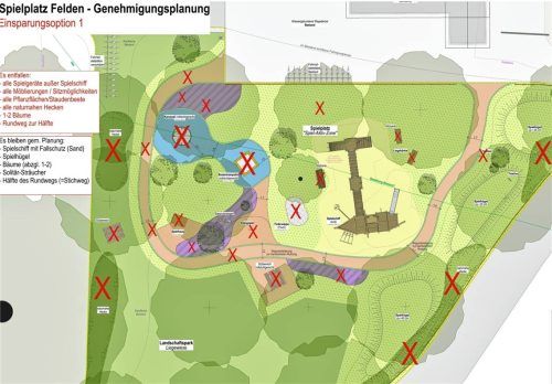Die Bernauer Räte stimmten mit großer Mehrheit für die Variante mit dem Spielschiff. Die roten Kreuze symbolisieren, was bei der Planung der Freianlagen am Uferspitz gestrichen wurde. Gemeinde Bernau