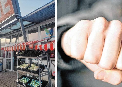 Die „Gemüse- und Obst-Schlacht“ ging vor dem Rewe-Supermarkt in Prien (links) über die Bühne. Drei Personen wurden verletzt (Symbolfoto, rechts). Fotos Becker/dpa