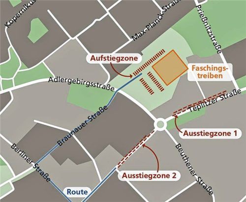 Die Route für den Faschingszug: Das Faschingstreiben wurde auf den Volksfestplatz verlegt. Klinger