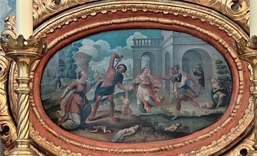 Ein barockes Predellabild mit der Darstellung des „bethlehemitischen Kindermords“ in der Basilika von Tuntenhausen – Gregor Sulzböck von Wasserburg zuschreibbar. Fotos re