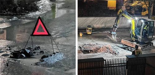 Ein Wasserrohrbruch sorgte in der Nacht auf vergangenen Montag für unerwartete Baggerarbeiten in der Frühlingstraße. Fotos RE