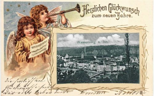 Kalenderblatt Dezember des Wasserburger Stadtbildkalenders 2026. Neujahrsgrußkarte, ohne Verlagsangabe: Präge-/Autochromdruck mit Goldbronzierung und aufgeklebter Stadtansicht im Autotypiedruckverfahren, gelaufen 1901. Stadtarchiv Wasserburg Sammlung Kannengießer, PkS-GK-5