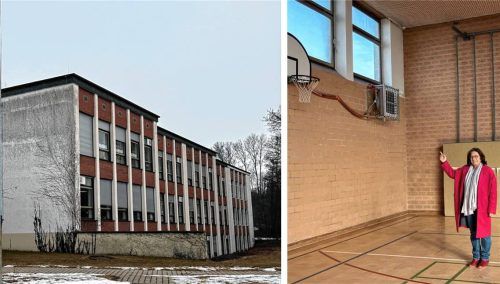 Kraiburgs Grundschule und die angeschlossene Turnhalle müssen saniert werden. Bürgermeisterin Petra Jackl zeigt die Schwachstellen der Halle. Fotos Lohmann/Gennutt