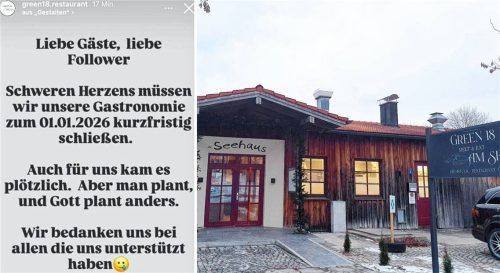 Noch brennt Licht im Inneren des Lokals, doch das „Green 18“ am Penzinger See hat zum Jahreswechsel geschlossen. Das teilten die bisherigen Pächter auf Instagram mit. Foto Screenshot Instagram/Birkhof