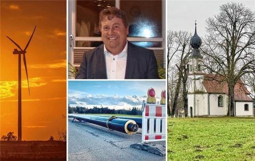 Polling im Jahr 2025: Ein überraschendes Windrad, ein fraglicher Bebauungsplan für Annabrunn, Stillstand beim Fernwärmenetz und die Frage nach der Zukunft von Bürgermeister Lorenz Kronberger.Fotos  Eschenfelder; Wagner; Patrick Pleul/dpa