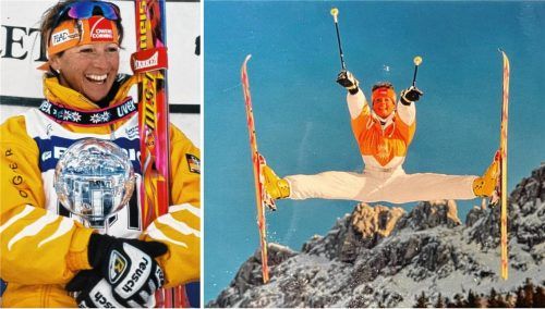 Skilegende Tatjana Mittermayer 1986 beim Weltcup „Buckelpiste“ als Gesamtsiegerin (links) und im Freestyle auf der Kampenwand (rechts). Fotos privat