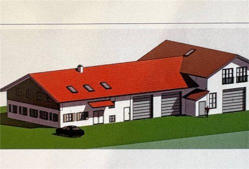 Skizze des vergrößerten Gemeinde- und Feuerwehrhauses.