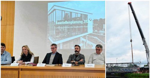 Was passiert im kommenden Jahr? Mihan Ghawami und Ulrike von Machui von den Rosenheimer Stadtwerken, Christian Baab, Pressesprecher der Stadt Rosenheim, Daniel Miedl und Klaus Lochner vom Rosenheimer Tiefbauamt (von links) stellen die Pläne vor. Eine Rolle spielt dabei auch wieder der Neubau der Mangfallkanalbrücke. Fotos Wunsam/Schlecker