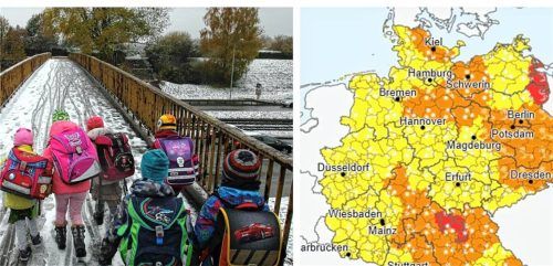 Wenn der Deutsche Wetterdienst mit Rot und Orange vor gefährlichen Wetterlagen warnt (rechts), müssen sich Schüler auch im Landkreis Mühldorf auf glatte oder verschneite Wege und Straßen einstellen. Wird der Schulweg zu gefährlich, dann fällt der Präsenzunterricht auch mal aus. Fotos  dpa/Screenshot DWD/Latta