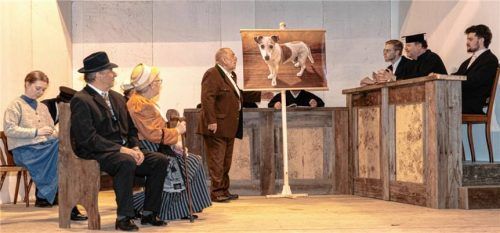 Da staunt er, der Hund. Und man kann es verstehen, schließlich ist er im Theaterstück der Rohrdorfer Theaterer zum Kern eines kleinen Politskandals geworden, der am Ende auch noch vor Gericht endet. Foto Thomae