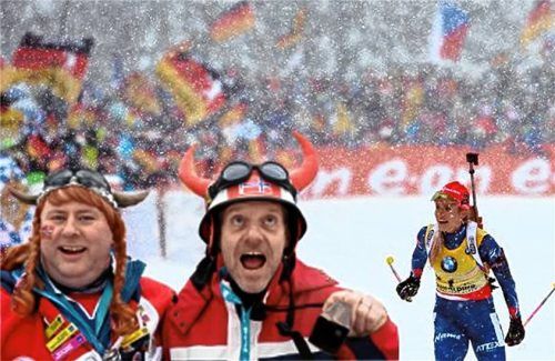 Der Gemeinderat ebnet den Weg für eine mögliche Biathlon-WM 2032 oder 2033 in Ruhpolding. Das Bild zeigt Fans beim Biathlonwettkampf. Foto Fotomontage dpa