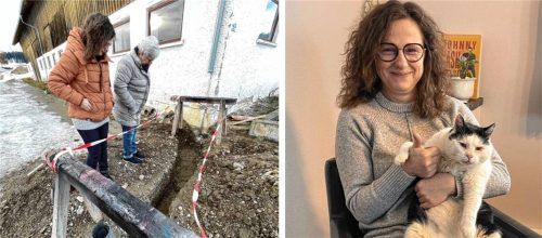 Der Kater steckte in einem Regenrohr im Boden fest. Knietief musste durch betonharten Kies gegraben werden, um ihn zu befreien (links). Mautzer hat sein Abenteuer gut überstanden, sein Frauchen Niki Martner ist überglücklich. Fotos Latta