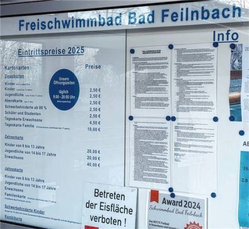 Die aktuellen Eintrittspreise im Bad Feilnbacher Schwimmbad – ein Thema, das im Zuge der Rechnungsprüfung erneut in den Fokus rückte. Foto Kriechbaumer