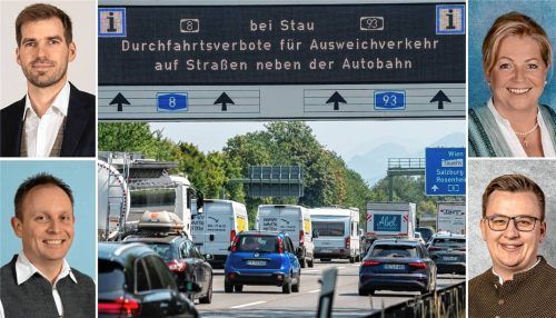 Die Durchfahrtsverbote sind wirkungslos: Die Bürgermeister Simon Hausstetter (Rohrdorf, links oben), Daniel Mair (Frasdorf, links unten), Christoph Schneider (Neubeuern, rechts unten) und Bürgermeisterin Susanne Grandauer (Nußdorf, rechts oben) fordern wirksame Maßnahmen gegen die Dauerstaus in ihren Gemeinden. Foto dpa/Stefan Puchner/privat