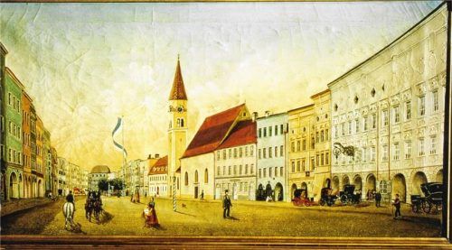 Dieses Bild, das sich in Privatbesitz befindet, zeigt den Mühldorfer Stadtplatz vermutlich um 1860.