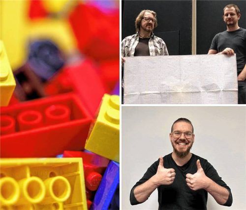 Joachim Klang (oben, links), Andreas Kunz (oben, rechts) und Tobias Nieder (unten) bauen nicht nur in ihrer Freizeit mit Lego-Steinen, sondern entwerfen immer wieder auch Großprojekte wie nun im Rosenheimer Lokschuppen. Fotos dpa/Mischer/Privat