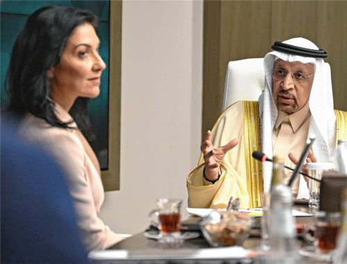 Katherina Reiche (CDU), Bundesministerin für Wirtschaft und Energie, spricht mit Khalid Al-Falih, Investitionsminister des Königreichs Saudi-Arabien. Foto dpa