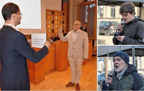 Rund 20 Demonstranten kamen vor etwas über einem Jahr im Rosenheimer Rathaus zusammen, um gegen die Vereidigung von Stefan Bauer zu protestieren (linkes Bild). Oberbürgermeister Andreas März (links) vereidigte Bauer damals. Dagegen protestierten unter anderem Jakob (rechts oben) und Andreas Salomon (rechts unten). Foto Peter Schlecker/Patricia Huber