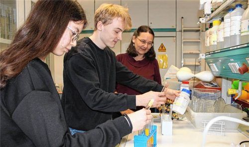 Selina Schwarzer (von links) und Constantin Hampel mit ihrer Fachlehrerin Claudia Hille im Schullabor. Foto Huckemeyer