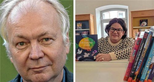 Tilman Spreckelsen (links) ist Autor der Biografie „Otfried Preußler: Ein Leben in Geschichten“. Büchereileiterin Ursula Dreischl hat ihn zur Lesung geladen. Foto Gelberg/Blum