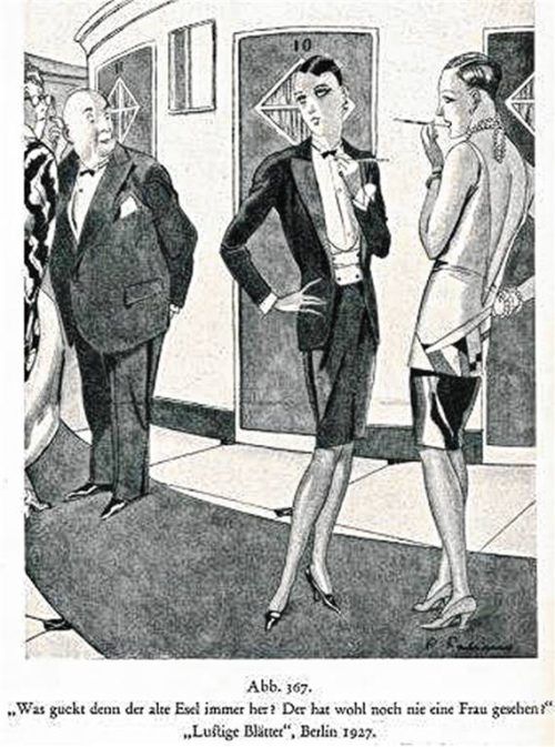 „Was guckt denn der alte Esel immer her? Der hat wohl noch nie eine Frau gesehen?“ Karikatur in den „Lustigen Blättern“ Berlin, im Jahr 1927.