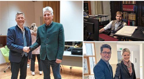 Anton Wallner (links) nimmt die Glückwünsche von seinem Vorgänger Bernd Fessler in Großkarolinenfeld an, Simon Hausstetter (rechts oben) verteidigt sein Amt in Rohrdorf und Johannes Thusbaß (rechts unten, mit seiner Frau Annette) hatte eine beachtliche Ausbeute bei den Stimmen. Foto Montage: Hans Kosek/Thomae/Privat