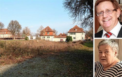Auf diesem Areal an der Unteren Mangfallstraße in Kolbermoor soll ein Mehrfamilienhaus mit 22 Wohneinheiten entstehen. Die Stadtratsmitglieder Dieter Kannengießer (Parteifreie Kolbermoor) und Dagmar Levin-Feltz (SPD) fanden für das Vorhaben lobende Worte. Foto Riediger,Gerlach, re