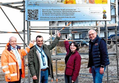 Beim Anbringen der Bautafel: (von links) Jens Schmidt, Leiter Bauamt, Bürgermeister Alois Loferer, Kathrin Jakubik (Marketingleitung Unterstützung Ortskern) und Markus Jocher, CIMA Beratung (City- und Regional-Manager).Foto Ammelburger