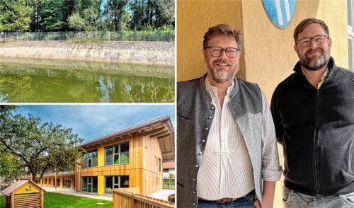 Bürgermeister Christoph Kraus (rechtes Bild, links) und Geschäftsleiter Johannes Halser freuen sich auf eine sachorientierte Arbeit mit dem neuen Gemeinderat. Eggstätt muss viele Probleme lösen. Dazu gehören unter anderem das Retentionsfilterbecken in Natzing (links, oben) und die überdimensionierte Kita „Hartseewichtel“. Foto Gemeinde Eggstätt/Elisabeth Kirchner/Kathrin Gerlach