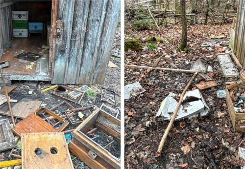 Das Bienenhaus von Familie Blaza aus Westerham wurde erst vor drei Monaten von Unbekannten beschädigt. Nachdem das Häuschen wieder in Ordnung gebracht worden war, zerstörten Unbekannte es erneut. Foto Collage: Privat