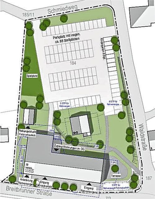 Das Repro zeigt das Areal des künftigen Gebäudes mit angedachtem Nahversorger in der Gstadter Dorfmitte. Gemeinde