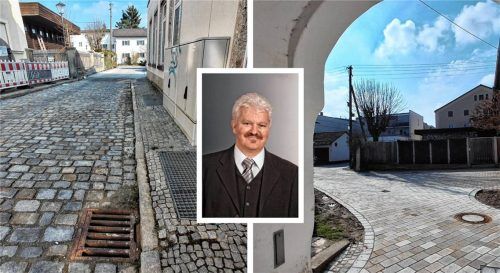 Der größte Teil der Baumburggasse (Bild rechts) ist bereits saniert. In den nächsten Tagen steht noch die Fertigstellung der barrierefreien Zuwegung zum Stadtplatz auf dem Plan (Bild links). Gerade rechtzeitig, bevor Bürgermeister Erwin Baumgartner (kleines Bild) seine Amtsgeschäfte an seinen Nachfolger Stefan Streck übergibt.Fotos  Archiv/ Enzinger