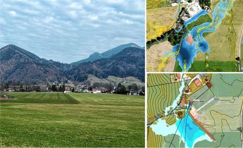 Der Hochwasserschutz am Kalkgraben gehört zu den größten Investitionen der Gemeinde. Im ersten Bauabschnitt soll südöstlich des Sportplatzes ein Damm im natürlichen Gelände modelliert werden, der das Hochwasser staut und über einen Durchlass gen Norden abführt. Foto Gerlach/Gemeinde Aschau