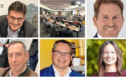 Der Mühldorfer Kreistag (Mitte oben) wird neu durchgemischt. So bewerten es (von links oben im Uhrzeigersinn) Landrat Max Heimerl und die Fraktionssprecher Josef Grundner (CSU), Lena Koch (Grüne), Markus Saller (UWG) und Oliver Multusch (AfD).Fotos Latta, re