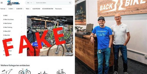 Die beiden Geschäftsführer des echten „BackToBike“, Günther Lech und Georg Tatsiopoulos (rechtes Bild, von rechts), haben Anzeige erstattet. Im Internet hat ein Betrüger ihre Seite nachgeahmt und zockt Kunden ab. Foto Josef Enzinger/privat