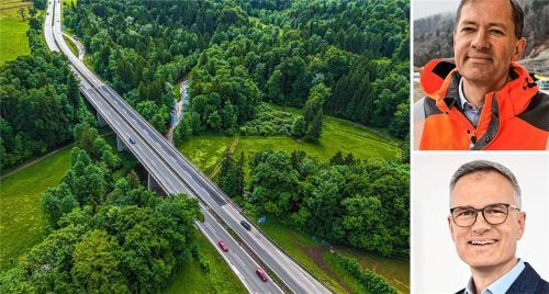 Die Bundesautobahn A8 soll zwischen Achenmühle und Bernauer Berg – hier ein Blick auf die Prientalbrücke – sechsspurig ausgebaut werden. Im August entscheidet das Bundesverwaltungsgericht, ob und wann es losgehen kann. Josef Seebacher, Sprecher der Autobahn GmbH (rechts oben), und IHK-Verkehrsexperte Dr. Korbinian Leitner (rechts unten) erklären, was das für die Region bedeutet.Foto Autobahn GmbH/Fotopress Thomas Sehr/IHK