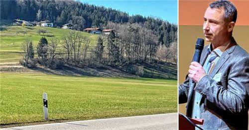 Die Energiezentrale des geplanten Nahwärmenetzes soll zwischen der Pölchinger Straße und dem Ortsteil Fellerer (links) entstehen. Wolfgang Wimmer (rechts) erläuterte kürzlich den aktuellen Stand der Planungen. Foto Herbert Reiter