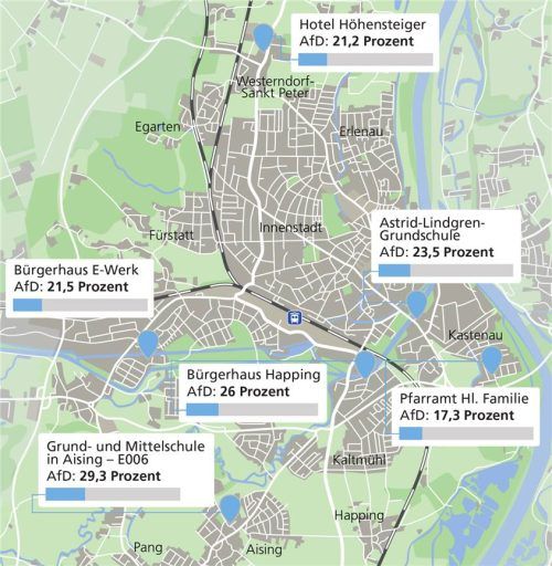 Die Grafik zeigt eine Übersicht über die Rosenheimer Wahlbezirke, in denen die AfD besonders gut abgeschnitten hat. Foto Klinger