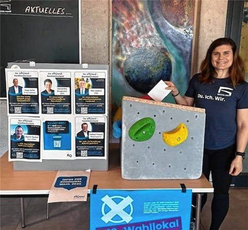 Die Organisatorin des U18-Wahllokals im Bad Aiblinger Basislager, Monika Meranda,verzierte die Wahlurne mit bunten Klettergriffen. Fotos KJR Rosenheim