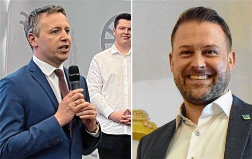 Die Rathäuser aller vier Städte im Landkreis bleiben in CSU-Hand. Die Fotos zeigen Traunsteins Oberbürgermeister Christian Hümmer (links) und Trostbergs Bürgermeister Nick Geiger am Wahlabend. Foto Fotomontage Manuel Hinmüller