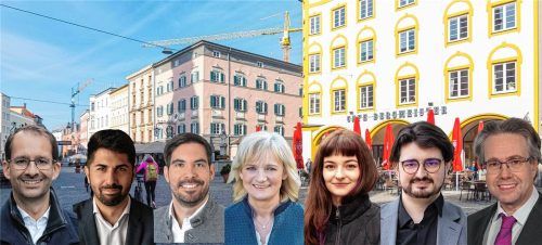 Die Rosenheimer Oberbürgermeisterkandidaten haben die unterschiedlichsten Ideen, wie sie die Innenstadt beleben wollen. Foto IMAGO /Montage Huber