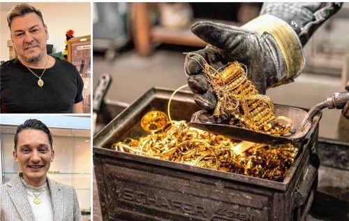 Durch den hohen Goldpreis kommen viele Menschen mit altem Schmuck zu Händlern. Doch dabei ist Vorsicht geboten. Das bestätigen Stephan Michl (unten) und Marco Hercenberger. Foto Georg Hochmuth/dpa, Jasmin Eiglmeier