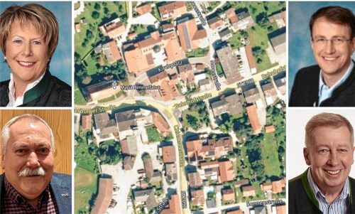 Ein Kreisel in der Ortsmitte von Halfing – an Bahnhof- und Chiemseestraße? Was Bürgermeisterin Regina Braun (oben links) sowie die Gemeinderäte Konrad Aicher (unten links), Johannes Guggenberger (oben rechts) und Sepp Stettner (unten rechts) dazu sagen, und welche Entscheidung gefallen ist. Foto Bayerische Vermessungsverwaltung/Gemeinde Halfing